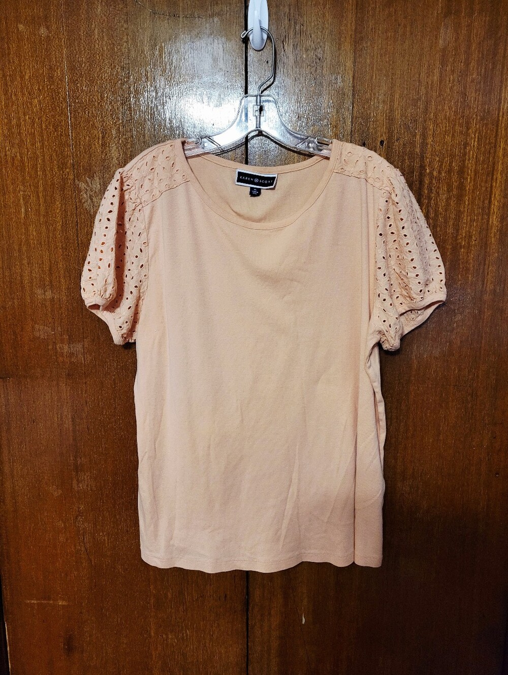 Karen Scott Light Peach Eyelet Puff Sleeve Tee